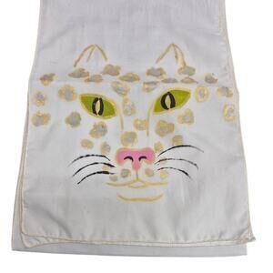 vintage White Hand Painted Kitty Cat Leopard Scarf 1970s Acetate 53" long